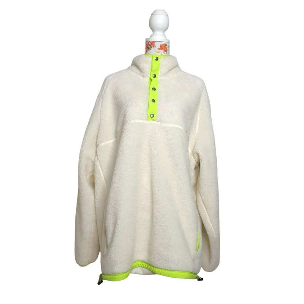 American Eagle Women's Sherpa Pullover Jacket Size XXL Ivory / Neon Piping EUC